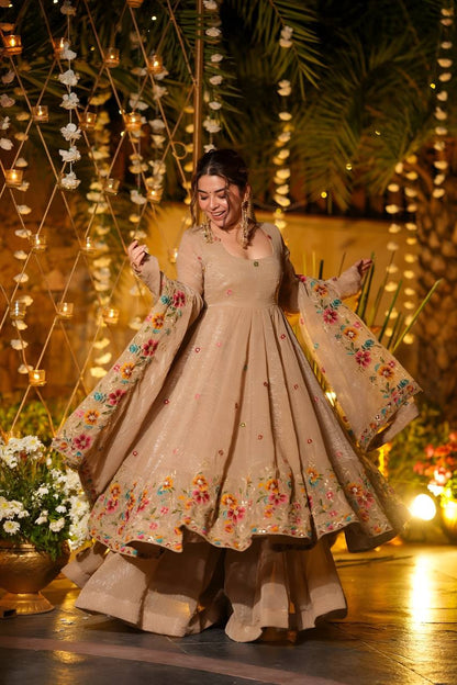 Beige Soft Crunchy Silk Anarkali Suit Set