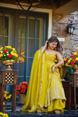 Yellow Teby Organza Anarkali Suit Set