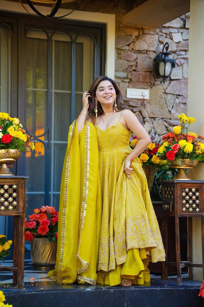 Yellow Teby Organza Anarkali Suit Set