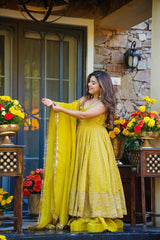 Yellow Teby Organza Anarkali Suit Set