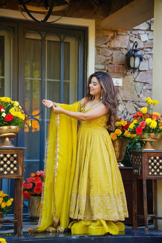 Yellow Teby Organza Anarkali Suit Set