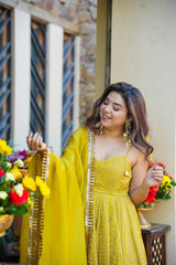 Yellow Teby Organza Anarkali Suit Set