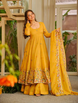 Yellow Soft Crunchy Silk Anarkali Sharara Suit Set