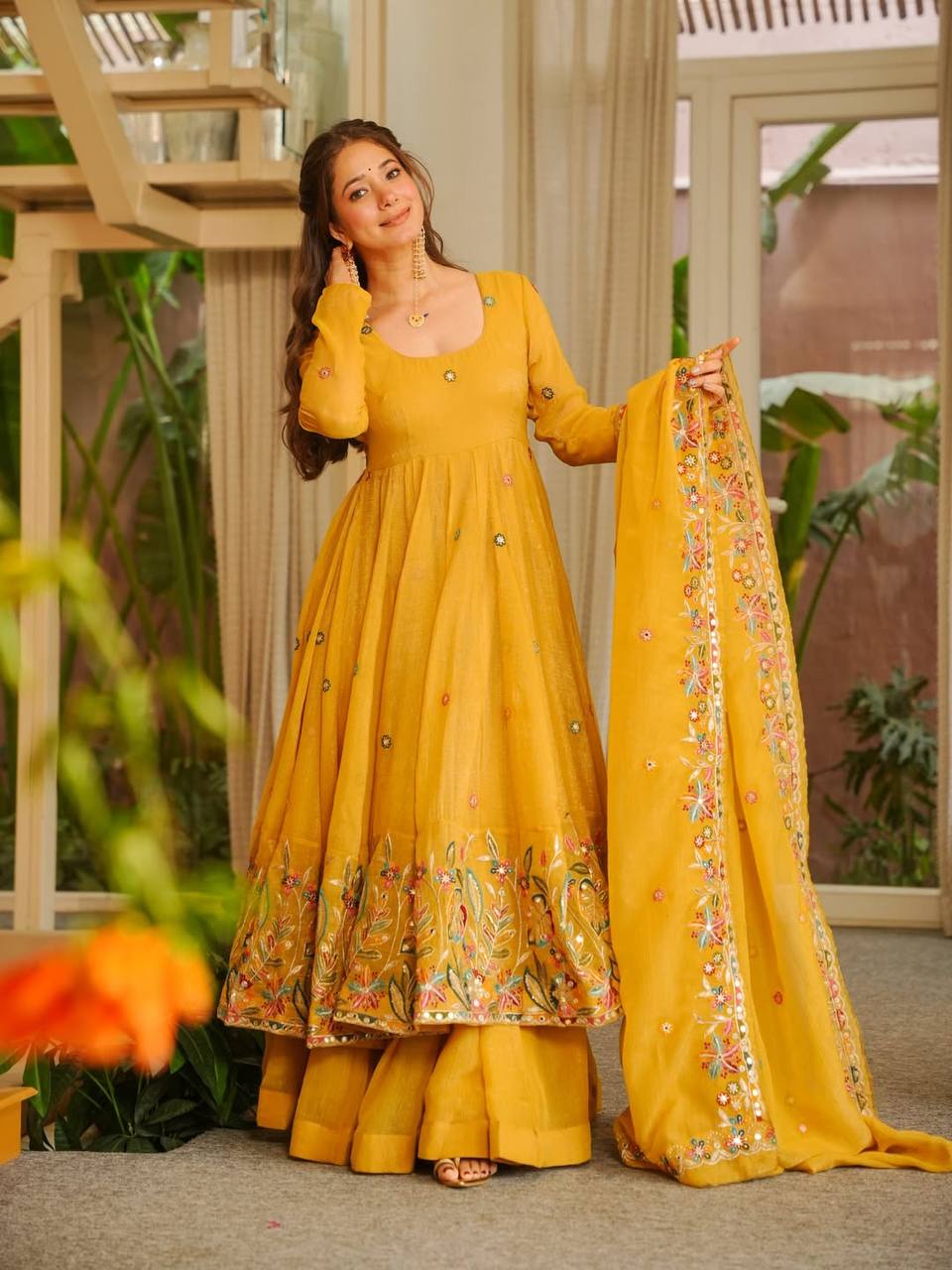 Yellow Soft Crunchy Silk Anarkali Sharara Suit Set