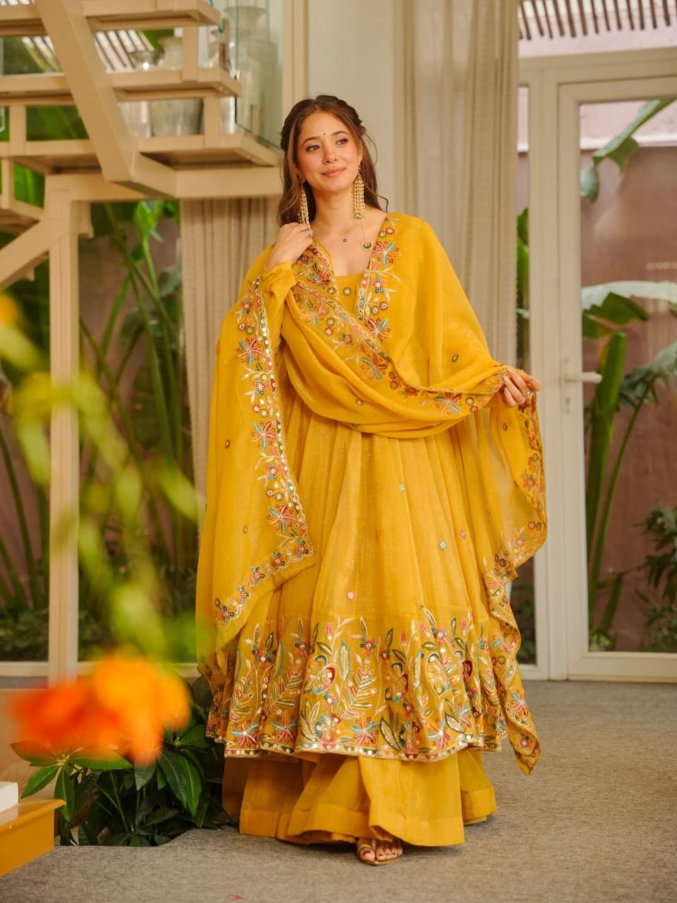 Yellow Soft Crunchy Silk Anarkali Sharara Suit Set
