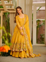 Yellow Soft Crunchy Silk Anarkali Sharara Suit Set