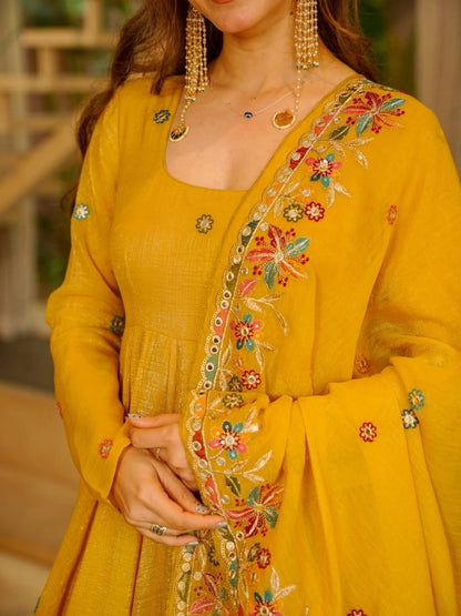 Yellow Soft Crunchy Silk Anarkali Sharara Suit Set