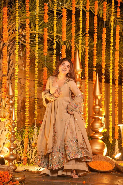 Beige Soft Crunchy Silk Anarkali Sharara Suit Set