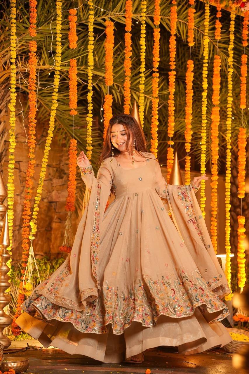 Beige Soft Crunchy Silk Anarkali Sharara Suit Set