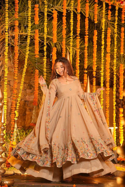 Beige Soft Crunchy Silk Anarkali Sharara Suit Set