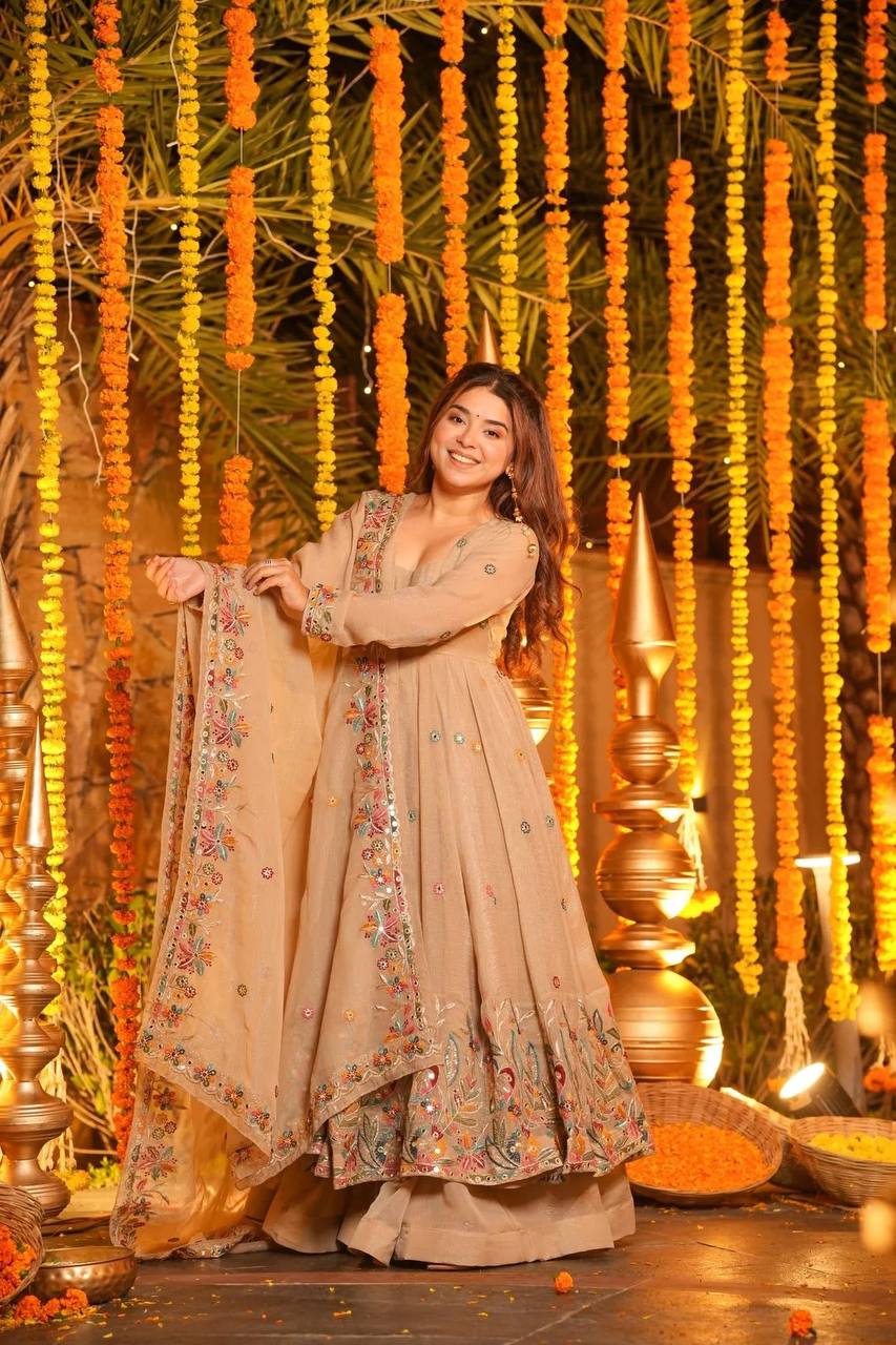 Beige Soft Crunchy Silk Anarkali Sharara Suit Set
