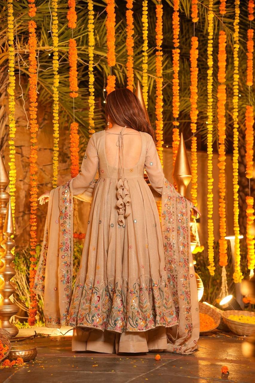 Beige Soft Crunchy Silk Anarkali Sharara Suit Set
