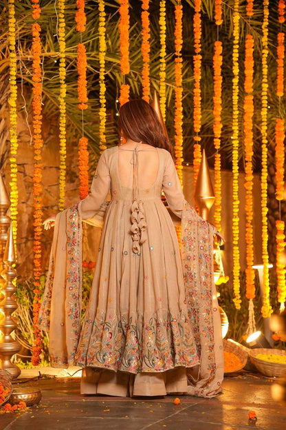 Beige Soft Crunchy Silk Anarkali Sharara Suit Set