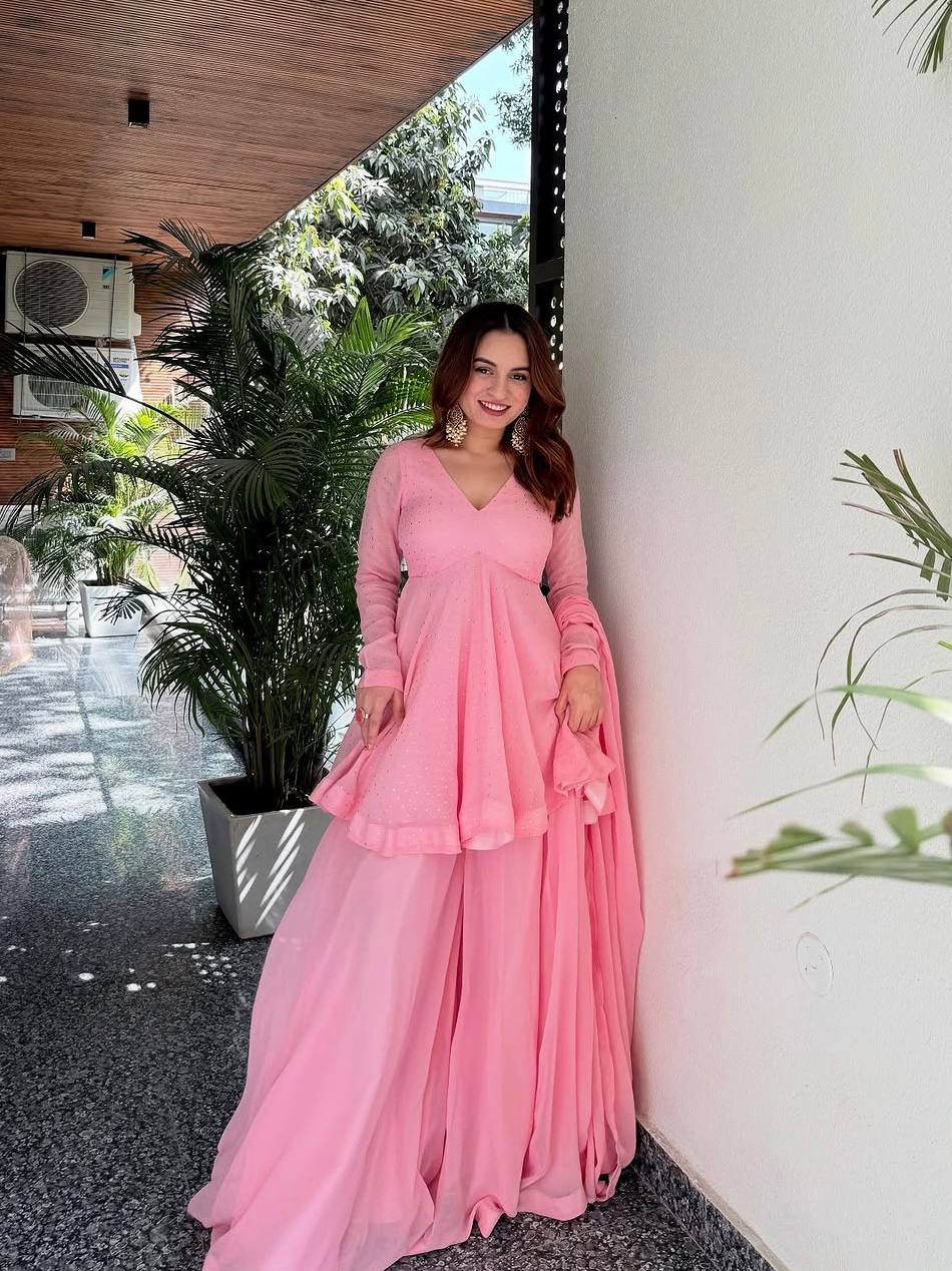 Pink Faux Blooming Sharara Suit Set
