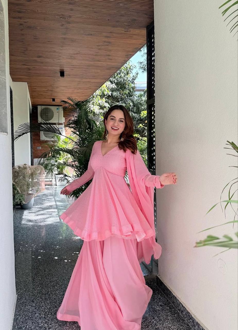 Pink Faux Blooming Sharara Suit Set