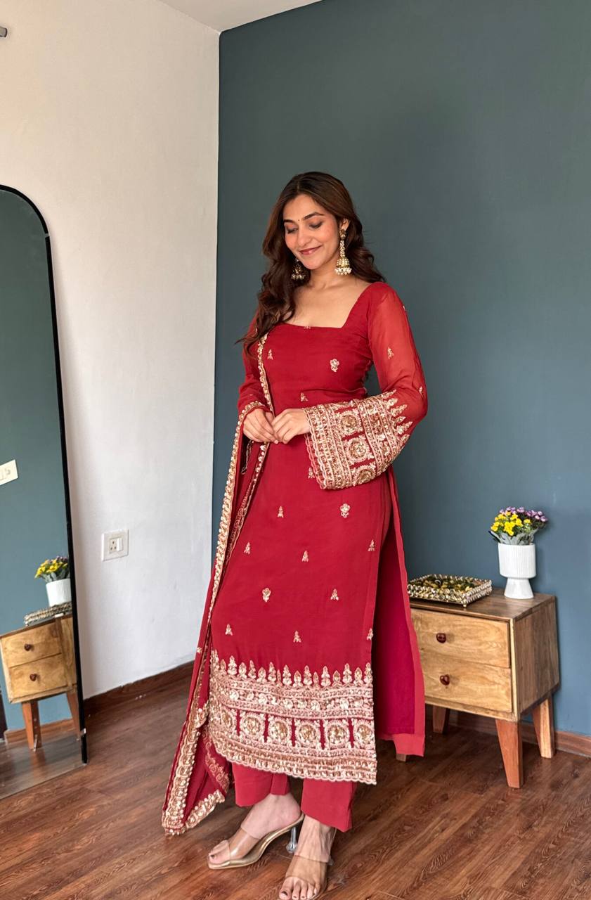Ruby Red Faux Georgette Embroidered Straight Suit Set