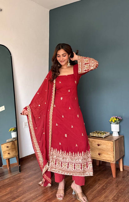 Ruby Red Faux Georgette Embroidered Straight Suit Set