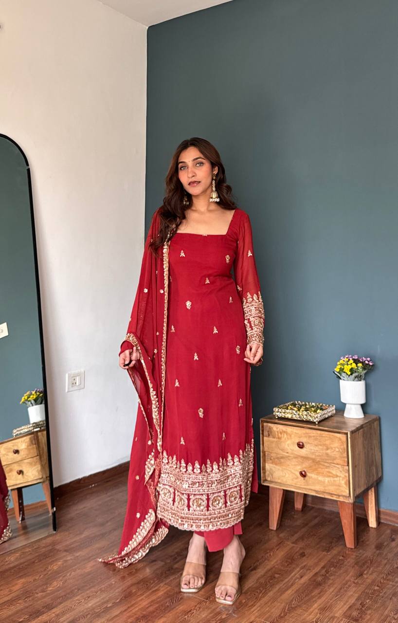 Ruby Red Faux Georgette Embroidered Straight Suit Set