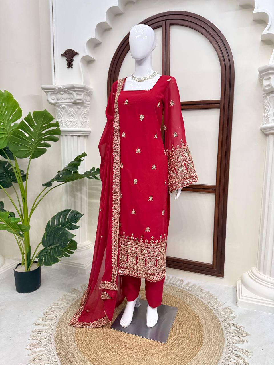 Ruby Red Faux Georgette Embroidered Straight Suit Set