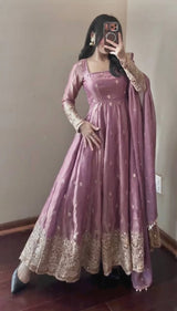 Peach Pink Fandy Silk Embroidered Anarkali Suit Set