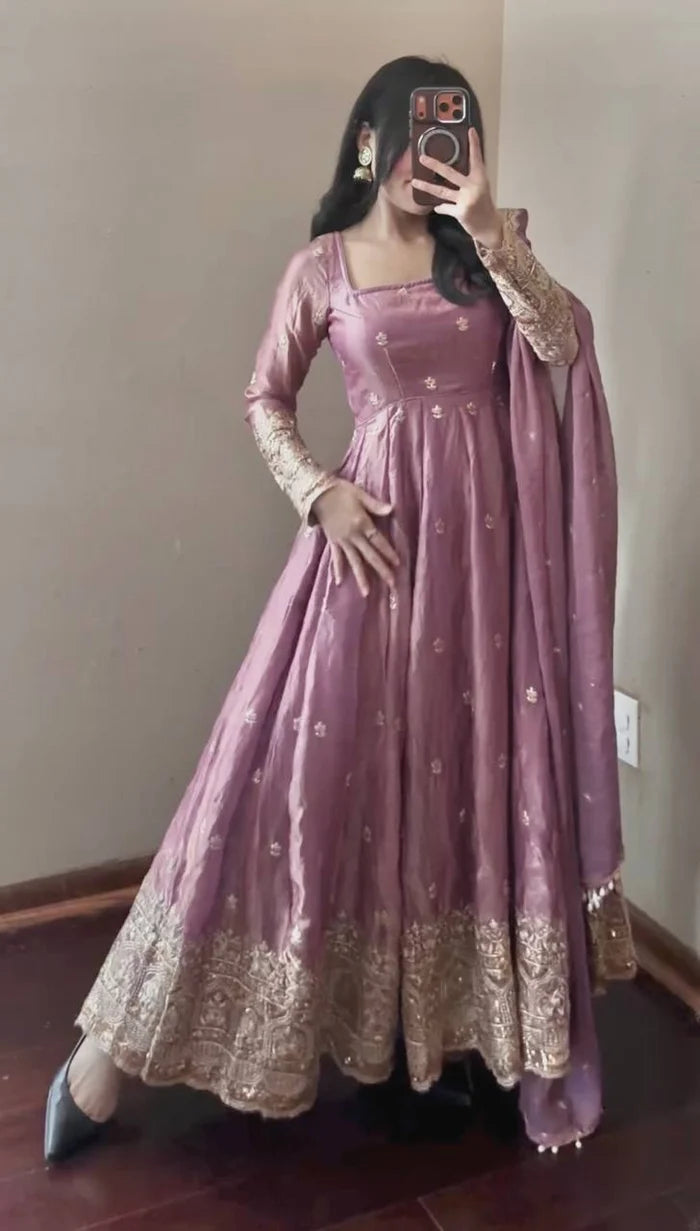 Peach Pink Fandy Silk Embroidered Anarkali Suit Set