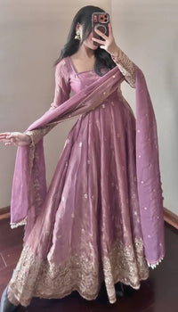 Peach Pink Fandy Silk Embroidered Anarkali Suit Set