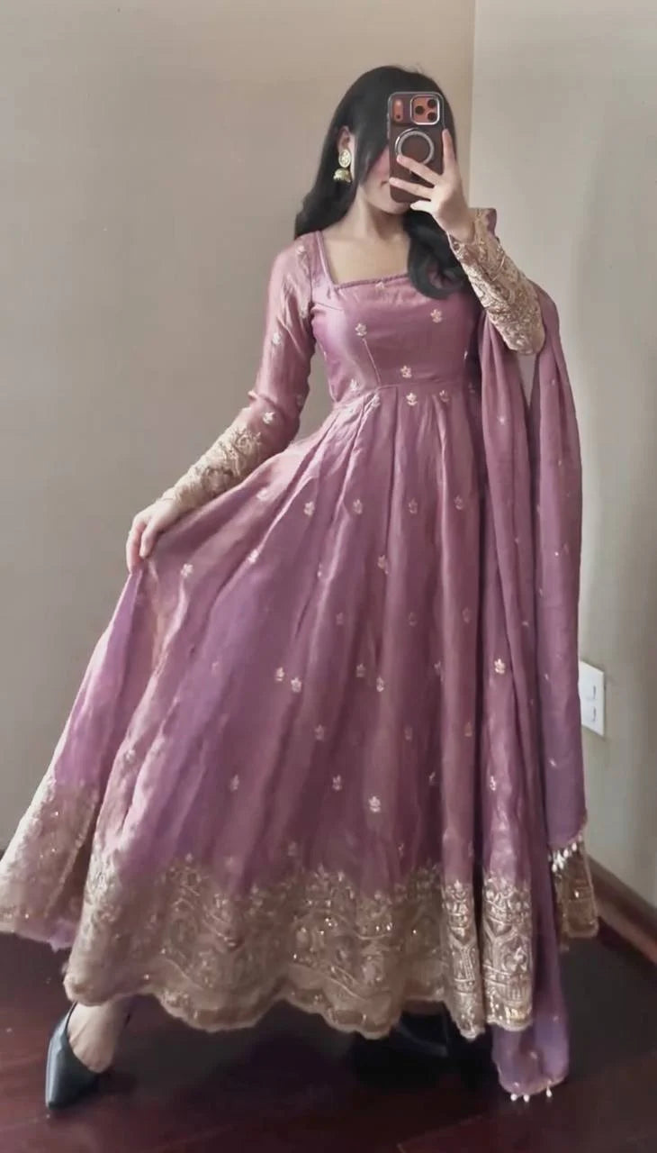 Peach Pink Fandy Silk Embroidered Anarkali Suit Set