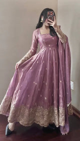 Peach Pink Fandy Silk Embroidered Anarkali Suit Set