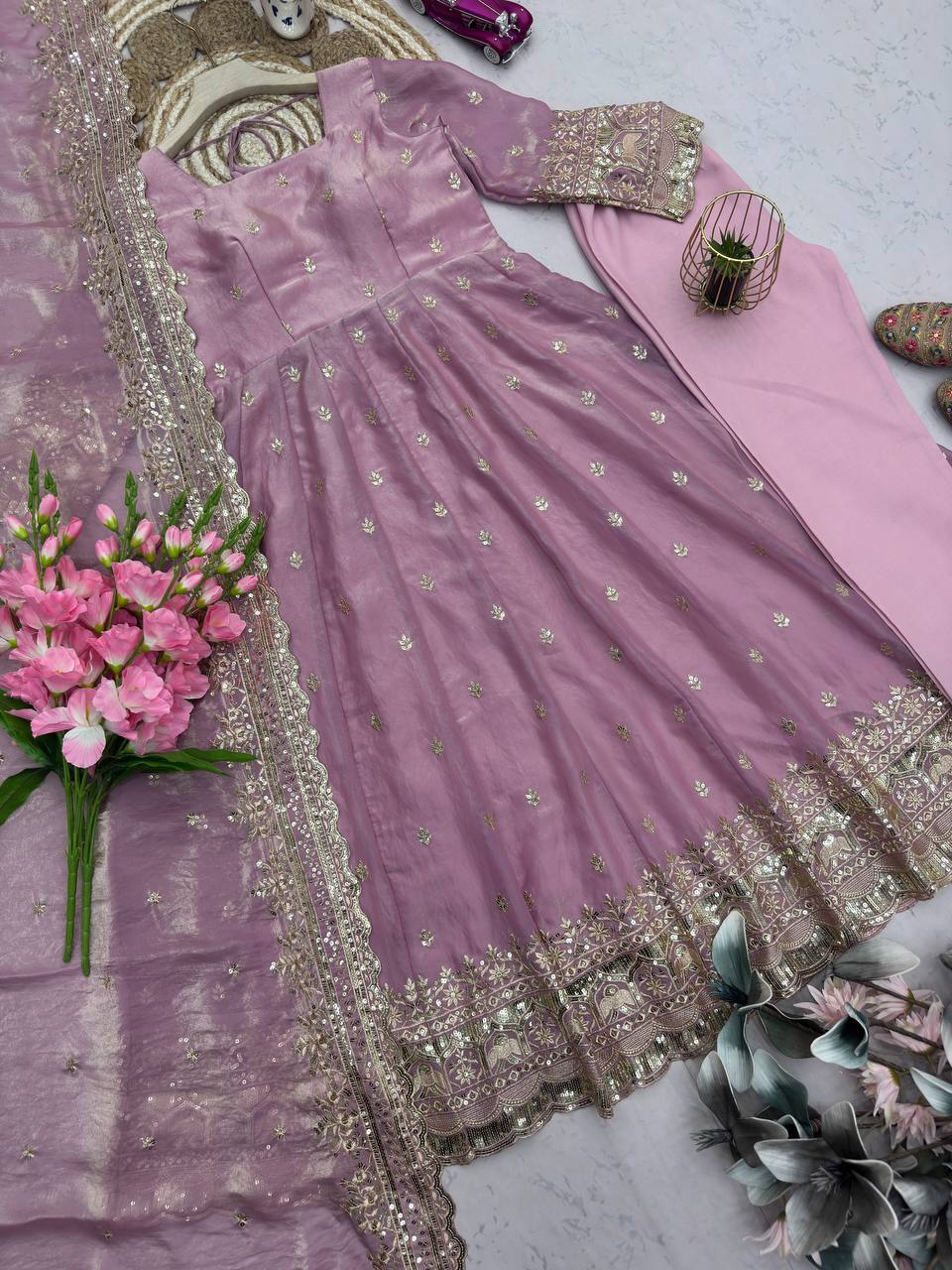 Peach Pink Fandy Silk Embroidered Anarkali Suit Set