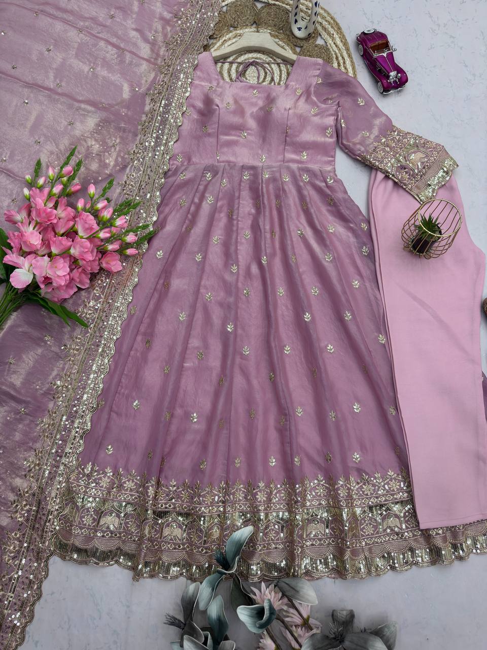 Peach Pink Fandy Silk Embroidered Anarkali Suit Set