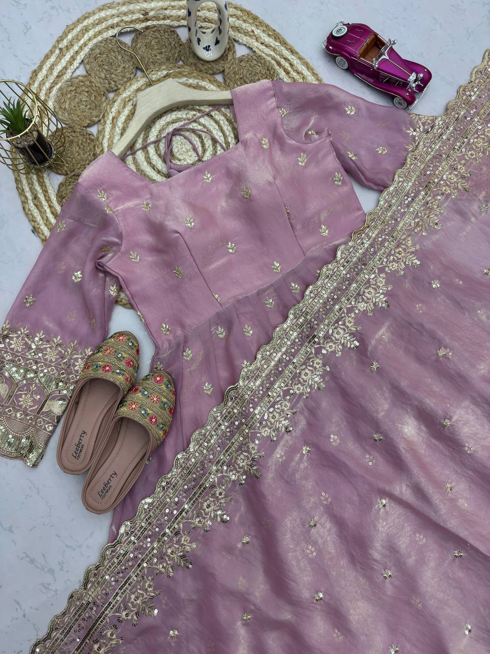Peach Pink Fandy Silk Embroidered Anarkali Suit Set