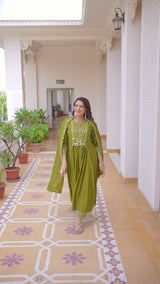 Mehndi Viscose Roman Silk Anarkali Kurti Pant Set