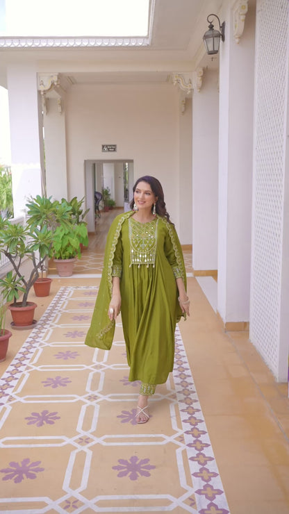 Mehndi Viscose Roman Silk Anarkali Kurti Pant Set