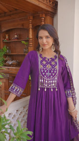 Purple Viscose Roman Silk Anarkali Kurti Pant Set