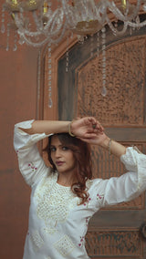 White Heavy Viscose Roman Silk Embroidered Kurti Pant Dupatta Set