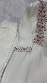 Off White Roman Silk Embroidered Kurti Pant Dupatta Set