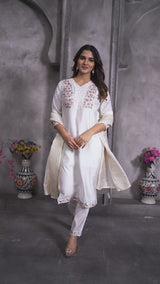 Off White Roman Silk Embroidered Kurti Pant Dupatta Set