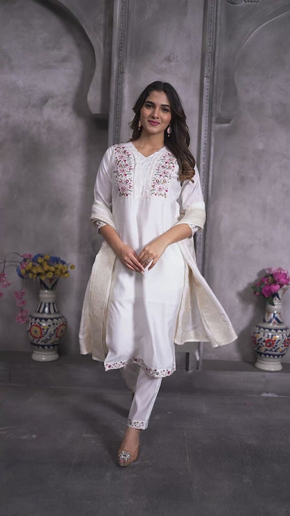 Off White Roman Silk Embroidered Kurti Pant Dupatta Set