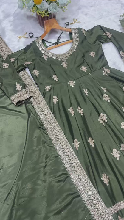 Mehndi Chinon Silk Eid Special Anarkali Suit Set
