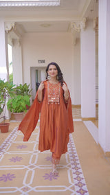 Orange Viscose Roman Silk Anarkali Kurti Pant Set