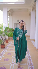 Teal Viscose Roman Silk Anarkali Kurti Pant Set