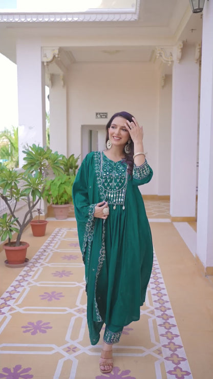Teal Viscose Roman Silk Anarkali Kurti Pant Set