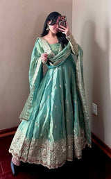 Pistachio Green Fandy Silk Embroidered Anarkali Suit Set