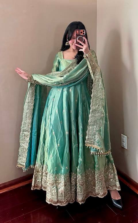 Pistachio Green Fandy Silk Embroidered Anarkali Suit Set