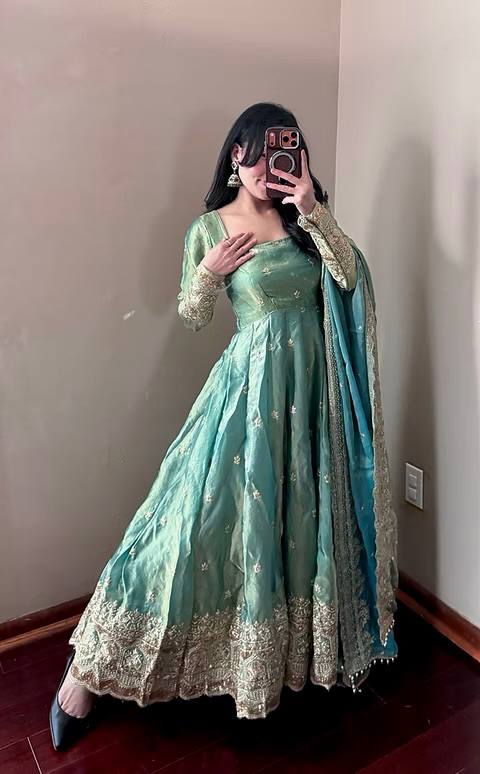 Pistachio Green Fandy Silk Embroidered Anarkali Suit Set