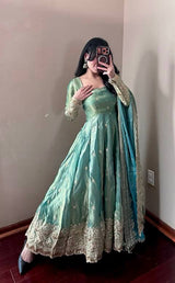 Pistachio Green Fandy Silk Embroidered Anarkali Suit Set