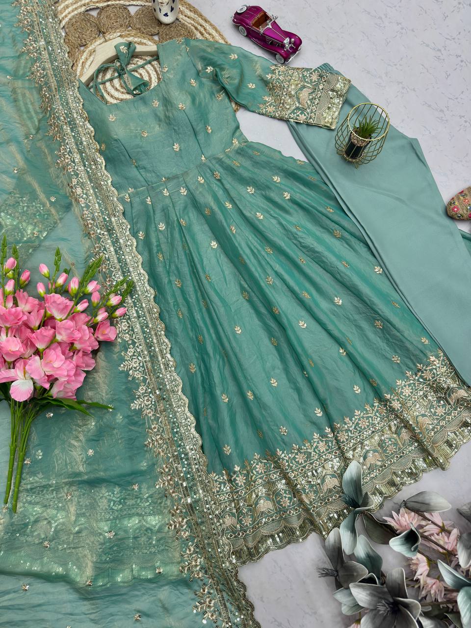 Pistachio Green Fandy Silk Embroidered Anarkali Suit Set