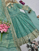 Pistachio Green Fandy Silk Embroidered Anarkali Suit Set
