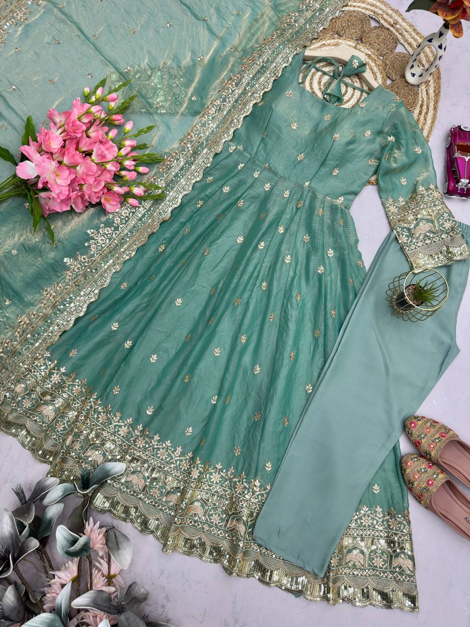 Pistachio Green Fandy Silk Embroidered Anarkali Suit Set