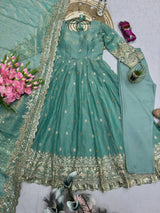 Pistachio Green Fandy Silk Embroidered Anarkali Suit Set